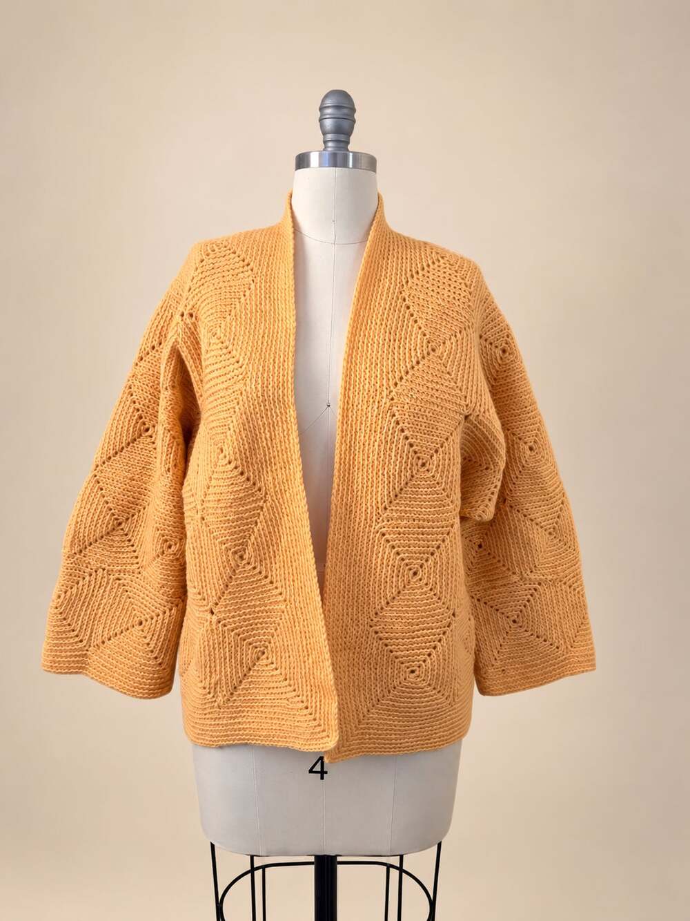 Golden Yellow Geometric Crochet Cardigan Boho Open Front Wide Sleeve Sweater